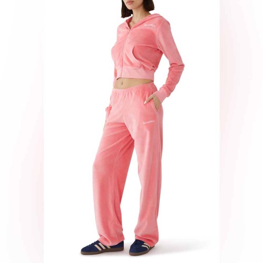 Sporty & Rich Sporty HEALTH CROP  VELOUR ZIP-UP HOODIE IN COTTON CANDY size S - Picture 4 of 8